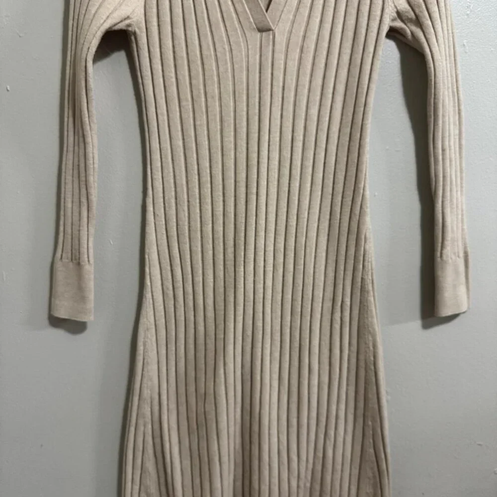 Womans Loft Max Sweater Dress Small Brown Long Sleeve Collar Cream - Picture 2 of 13